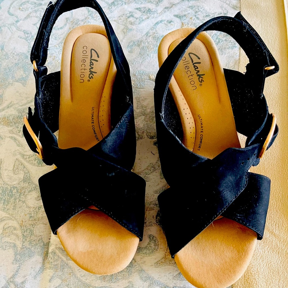Clark’s Collection black suede wedge sandals 8M, Euro 39-Great Shoes!!
